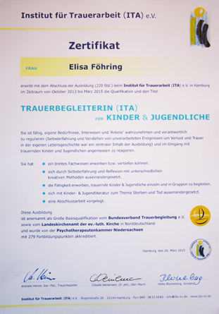 Zertifikat Trauerbegleiterin Kinder und Jugendliche Elisa Föhring